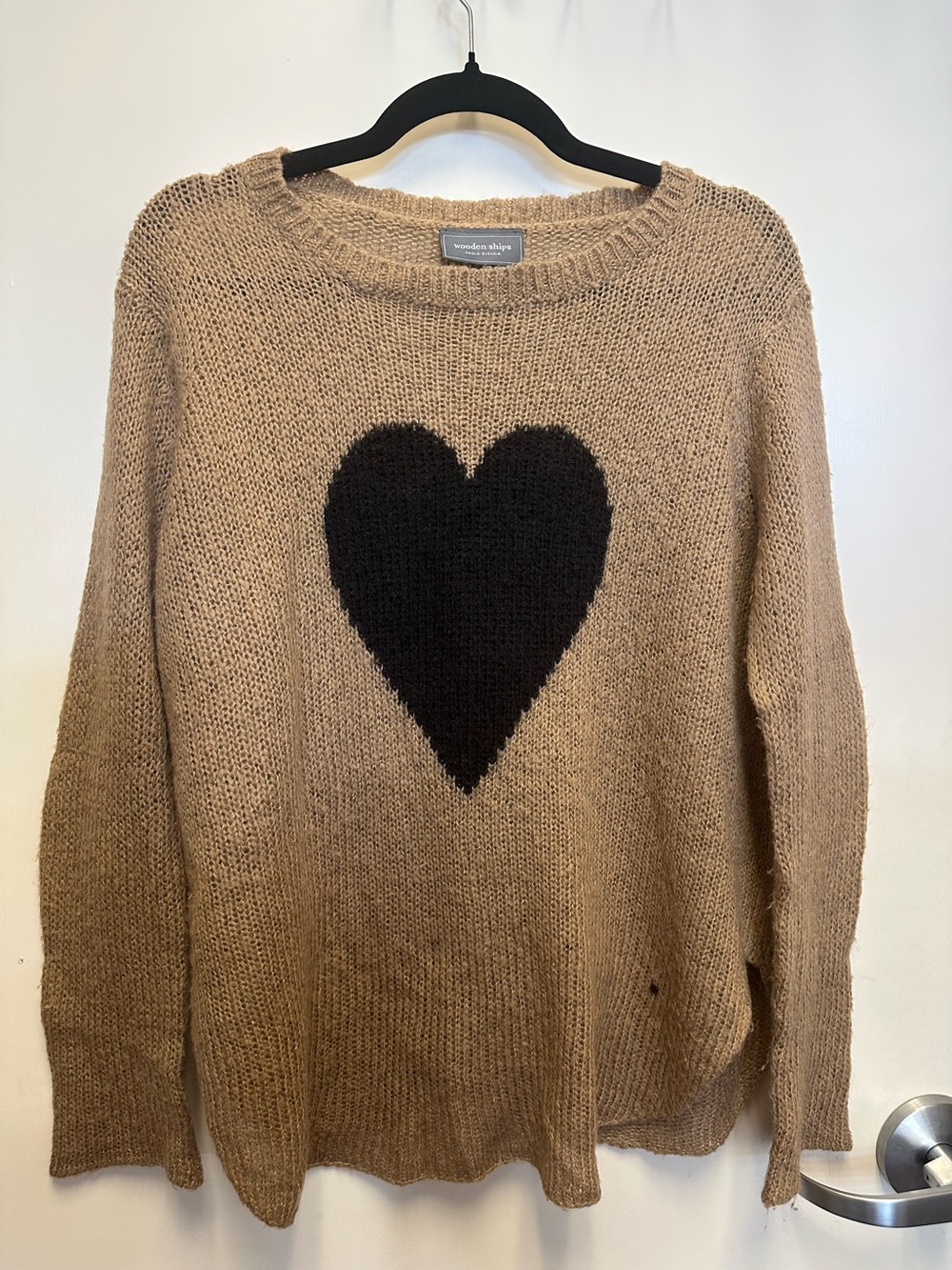 Wooden Ships Tan Sweater with Black Heart Motif
